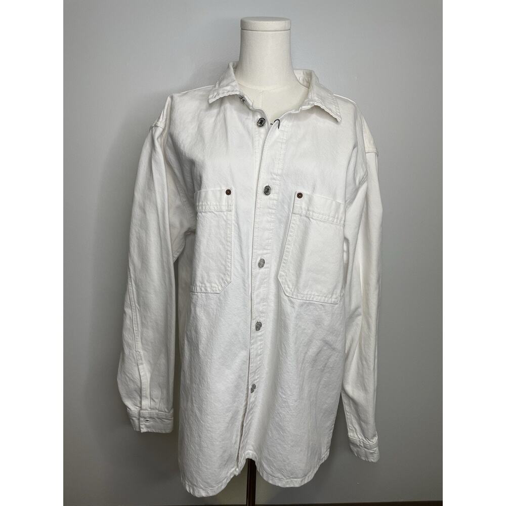 Zara Womens Cotton Long Sleeve Button Light Wash Denim Jacket White Size XL -NWT